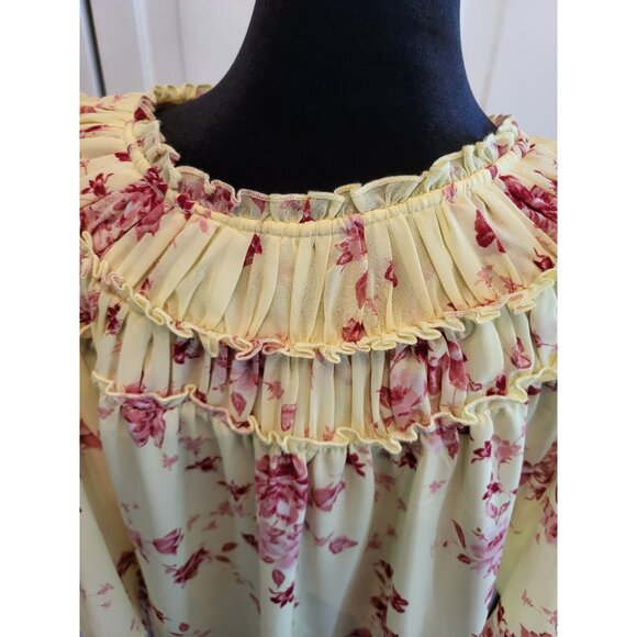 Yellow/Pink Floral Ruffle Blouse Flowy Butterflies sz L Cottage Fairy Coquette - Picture 7 of 8